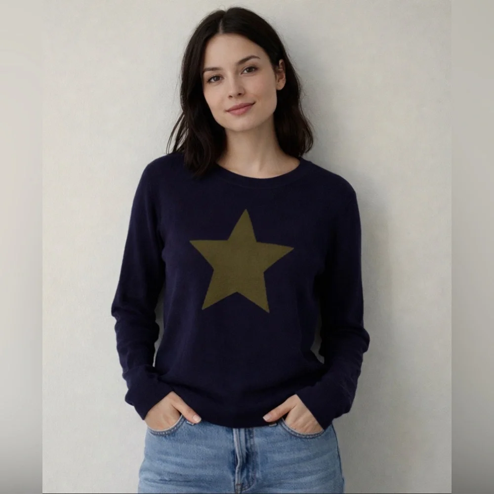 Sundance Lambswool Star Print Navy Crewneck Sweater Medium - Picture 1 of 4
